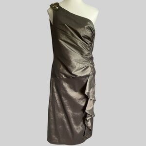 R&M Richards Satin Beaded One Shoulder Ruched Party Wedding Guest Event Dress-14